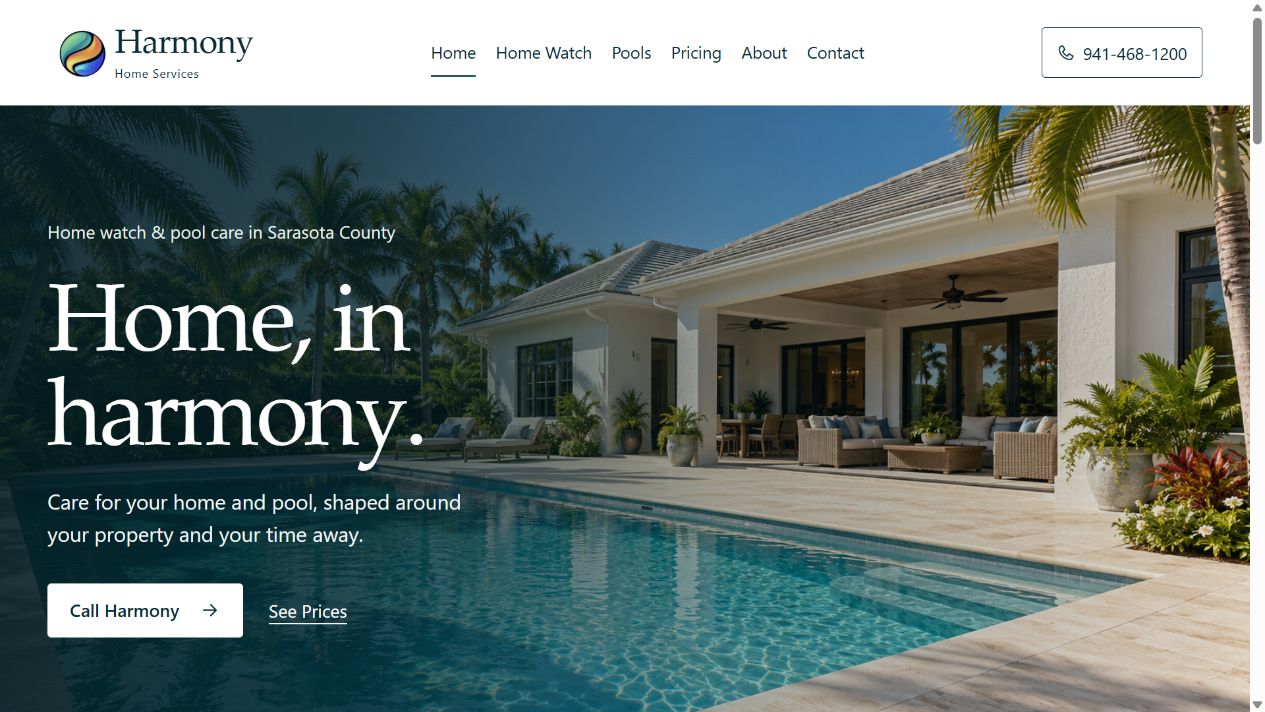 Harmony Home Services website for Sarasota County home watch and pool care