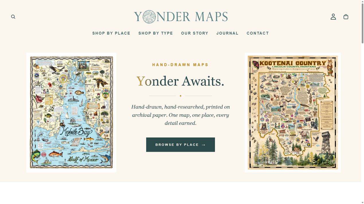 Yonder Maps Shopify homepage featuring two hand-drawn map artworks and Yonder Awaits brand presentation